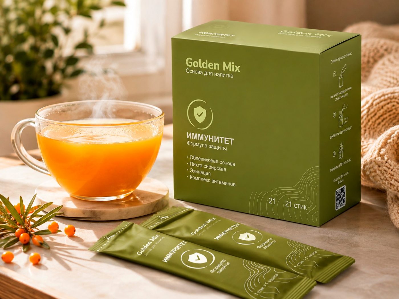 Golden Mix Иммунитет в стиках рядом с чашкой облепихового напитка