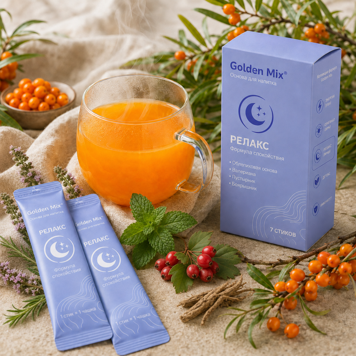 Golden Mix Релакс рядом с чашкой тёплого облепихового напитка