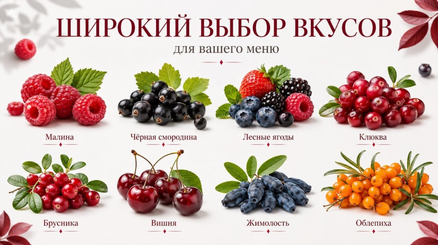 Ассортимент ягод для разных вкусов морса: малина, смородина, лесные ягоды, клюква, брусника, вишня, жимолость и облепиха