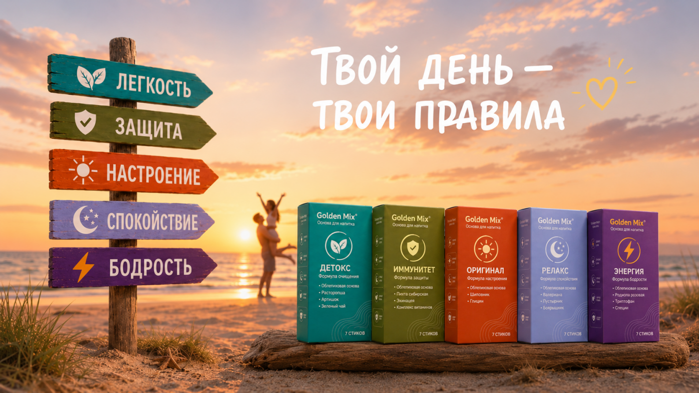 Пять функциональных напитков Golden Mix для разных моментов дня на фоне утреннего пейзажа